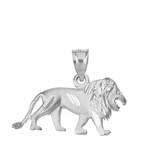 Solid White Gold Sparkle Cut Leo Zodiac Royal Lion Pendant Necklace