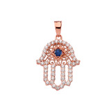 Chic Blue Sapphire Hamsa Pendant Necklace in Rose Gold