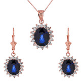 Princess Diana Inspired Elegant Diamonds and September Sapphire (LCS) Earrings and Pendant Necklace Set in 14K (Available in Yellow/Rose/White Gold)