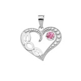 October Pink CZ 'MOM' Heart Pendant Necklace in Sterling Silver