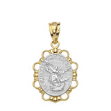 Solid Two Tone Yellow Gold Saint Michael Pendant Necklace