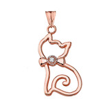 Openwork Diamond Cat Pendant Necklace in Rose Gold