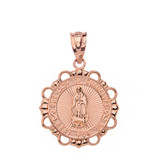Solid Rose Gold Round Our Lady Of Guadalupe Pendant Necklace