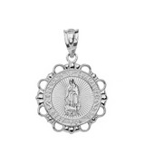 Solid White Gold Round Our Lady Of Guadalupe Pendant Necklace