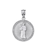 Sterling Silver Engravable CZ Saint Anthony Pray For Us Circle Pendant Necklace 1.06"
