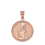 Solid Rose Gold Engravable Diamond Saint Valentine Pray For Us Circle Pendant Necklace  (1.04")