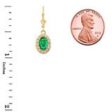 Diamond and Emerald Oval Leverback Earrings in Yellow Gold