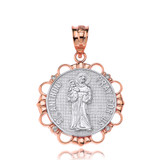 Solid Two Tone Rose Gold Diamond Saint Anthony Pray For Us Circle Pendant Necklace