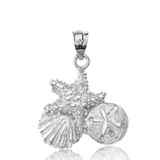 Solid White Gold Sparkle Cut Starfish Clam and Sand Dollar Pendant Necklace