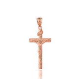 Solid Rose Gold INRI Jesus of Nazareth Crucifix with Wooden Texture Pendant Necklace (Medium)