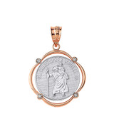 Solid Two Tone Rose Gold Saint Christopher Protect Us Diamond Circular Frame Pendant Necklace