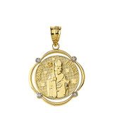 Solid Yellow Gold Saint Patrick Diamond Circular Frame Pendant Necklace