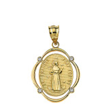 Solid Yellow Gold Saint Francis Pray For Us Diamond Oval Frame Pendant Necklace