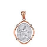 Solid Two Tone Rose Gold Saint Christopher Protect Us Diamond Oval Frame Pendant Necklace