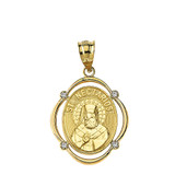 Solid Yellow Gold Saint Nectarios Diamond Oval Frame Pendant Necklace