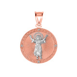 Diamond Divino Ni?¤o Jesus Round Medallion Pendant Necklace in Two Tone Rose Gold