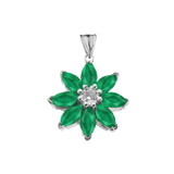 Emerald and Diamond Daisy Pendant Necklace In White Gold