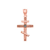 Diamond Russian  Orthodox Cross Pendant Necklace in Rose Gold