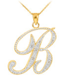 14K Yellow Gold Cursive Letter Script "B" Diamond Initial Pendant Necklace
