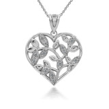 Sterling Silver Olive Branch Heart Pendant with Diamond Leaves Necklace