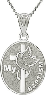 Sterling Silver My Baptism Dove Cross Engravable Oval Pendant Necklace With Name
