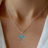 .925 Sterling Silver Faith, Hope, Love, Forgiveness Heart Cross Turquoise Enamel Pendant Necklace on female model