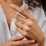 Gold Filigree Sideways Cross Ring (Small) on female model
