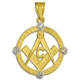 Yellow Gold Round Freemason Diamond Masonic Pendant Necklace