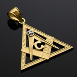Yellow Gold Freemason Square & Compass CZ Eye Of Providence Triangle Pendant in black background