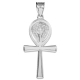 White Gold Ankh Cross Tree of Life Pendant Necklace