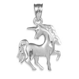 Satin Finish Diamond Cut White Gold Unicorn Charm Pendant Necklace