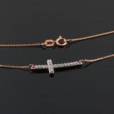 14K Rose Gold Sideways Diamond Curved Cross Necklace (0.35")