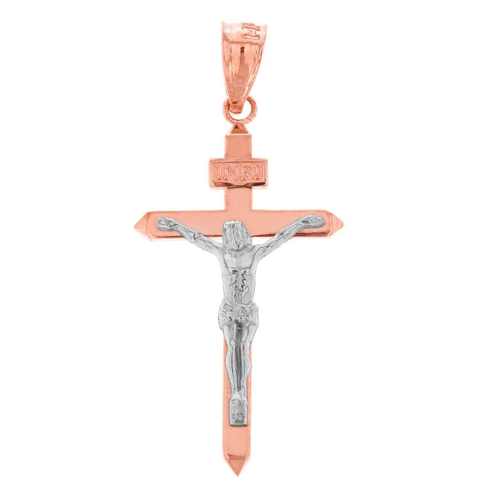 Two Tone Solid Rose Gold INRI Christ Passion Cross Crucifix Pendant