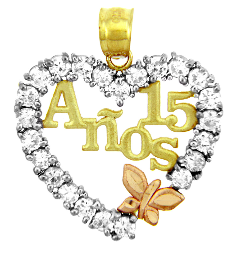 Gold Pendants Sweet 15 Años Quinceanera Pendant Heart w/ Cubic Zirconia