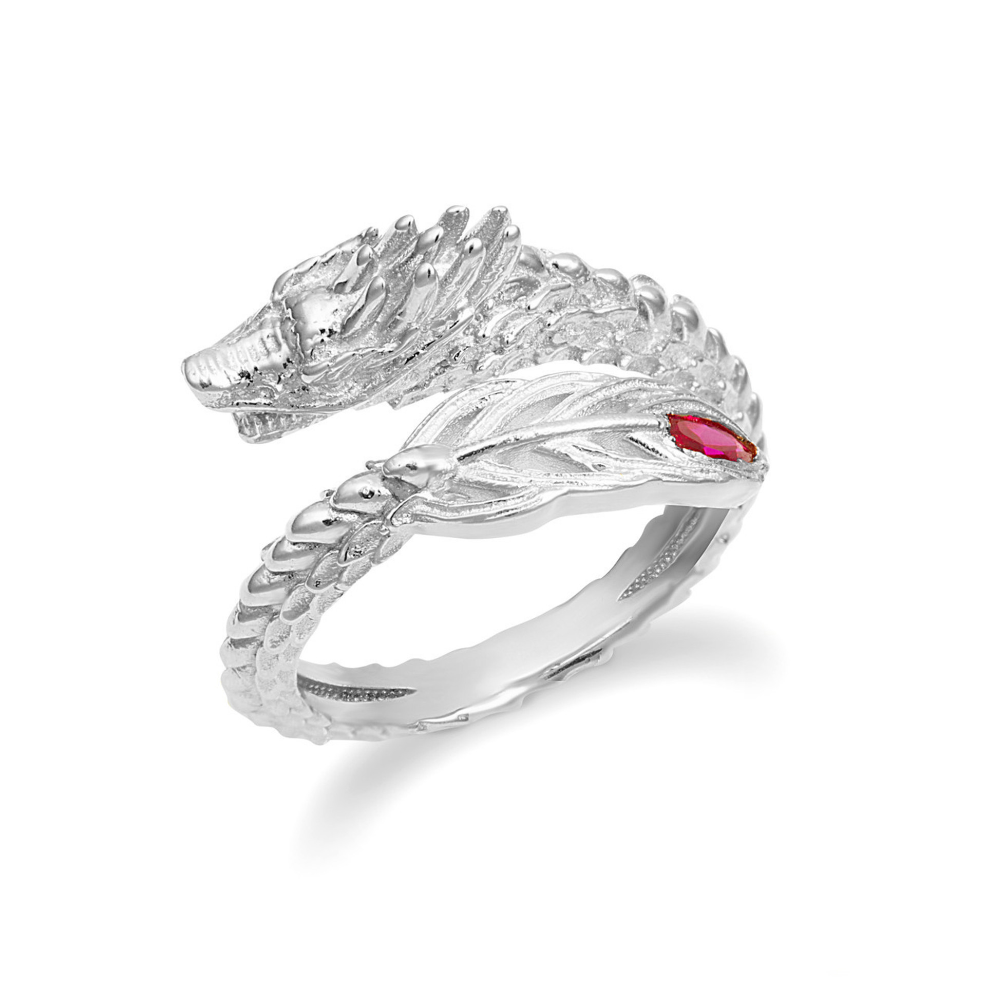 Silver Dragon Ruby Tail Symbol of Protection Ring | Factory Direct Jewelry