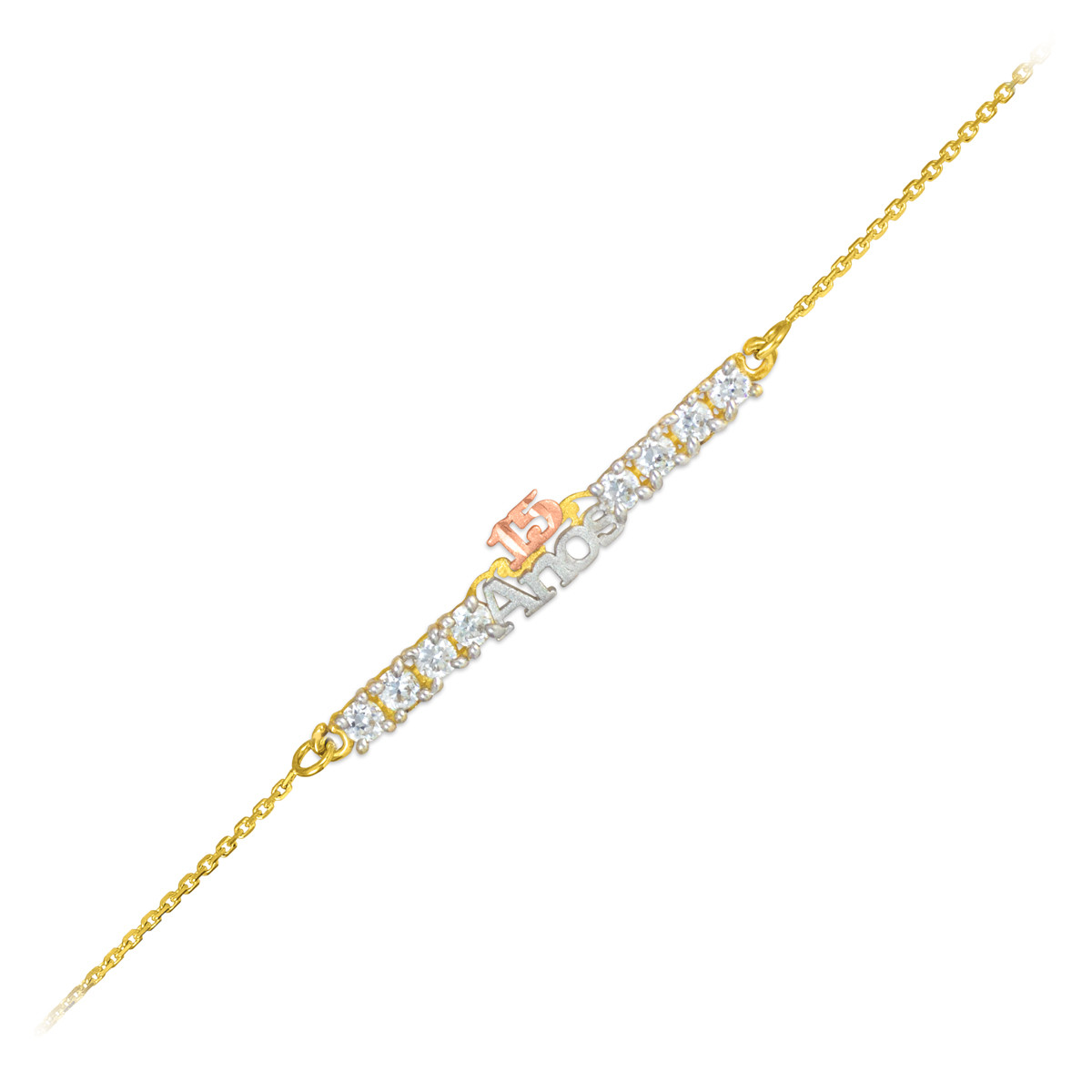 15Anos Quinceanera TriTone 14k Gold Diamond Bracelet