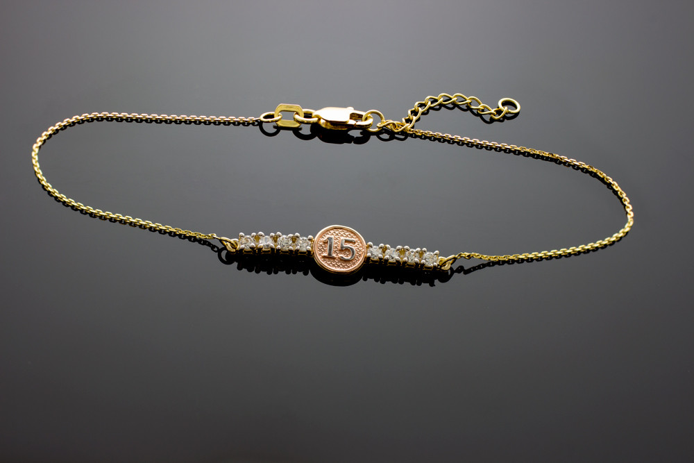 15Anos Quinceanera TriTone 14k Gold Diamond Bracelet