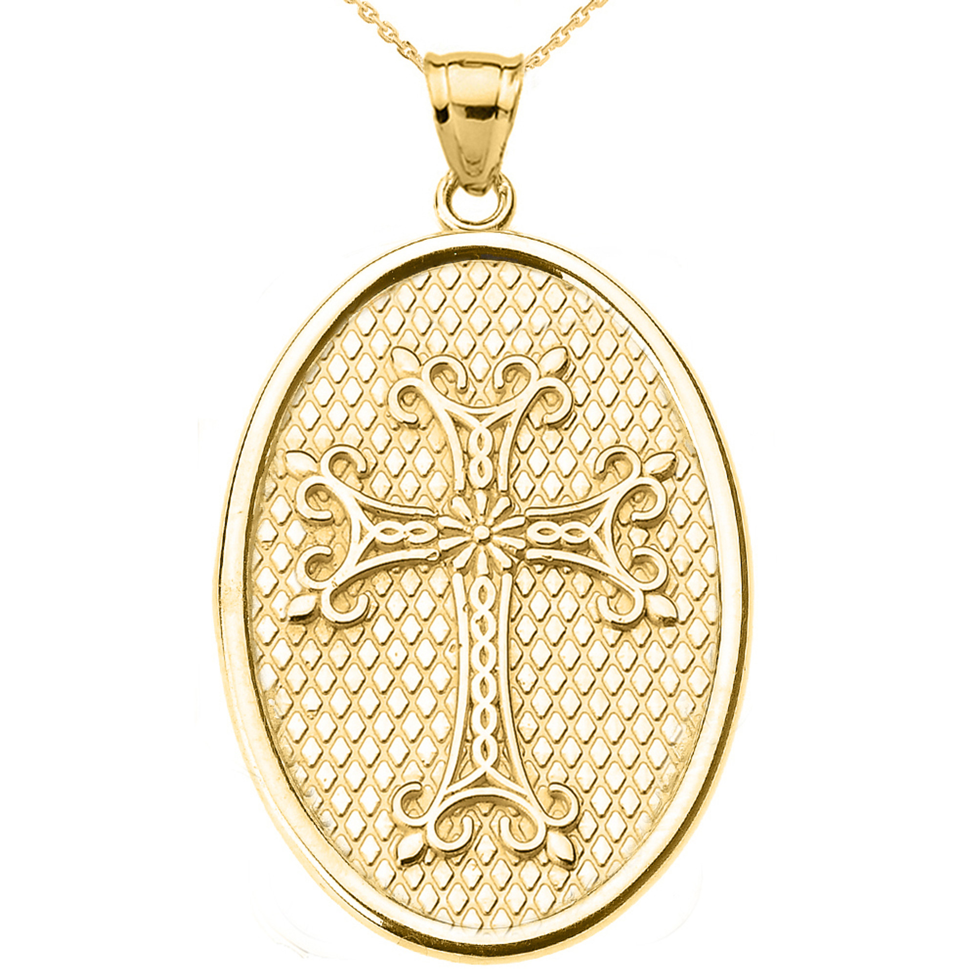 Yellow Gold Armenian Cross Oval Pendant Necklace.