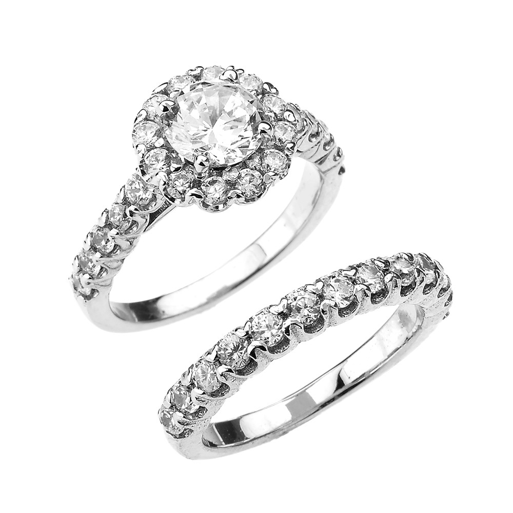 CZ Halo Engagement Ring Set in White Gold