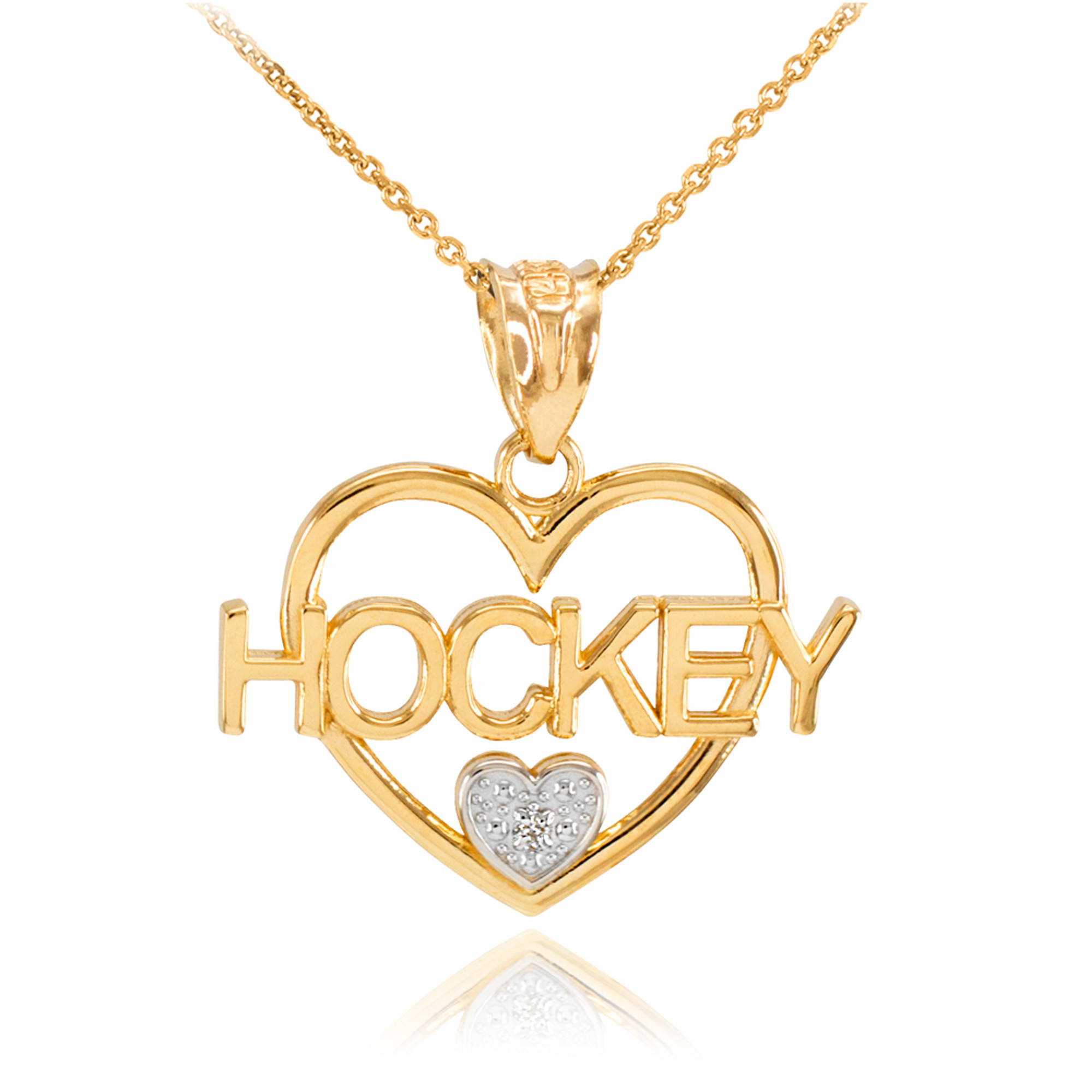 Two-Tone Gold I Love Hockey Open Heart Diamond Necklace