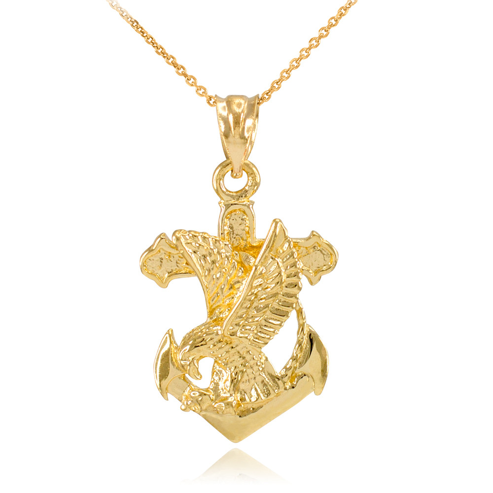 Yellow Gold Anchor Eagle Diamond Cut Pendant Necklace
