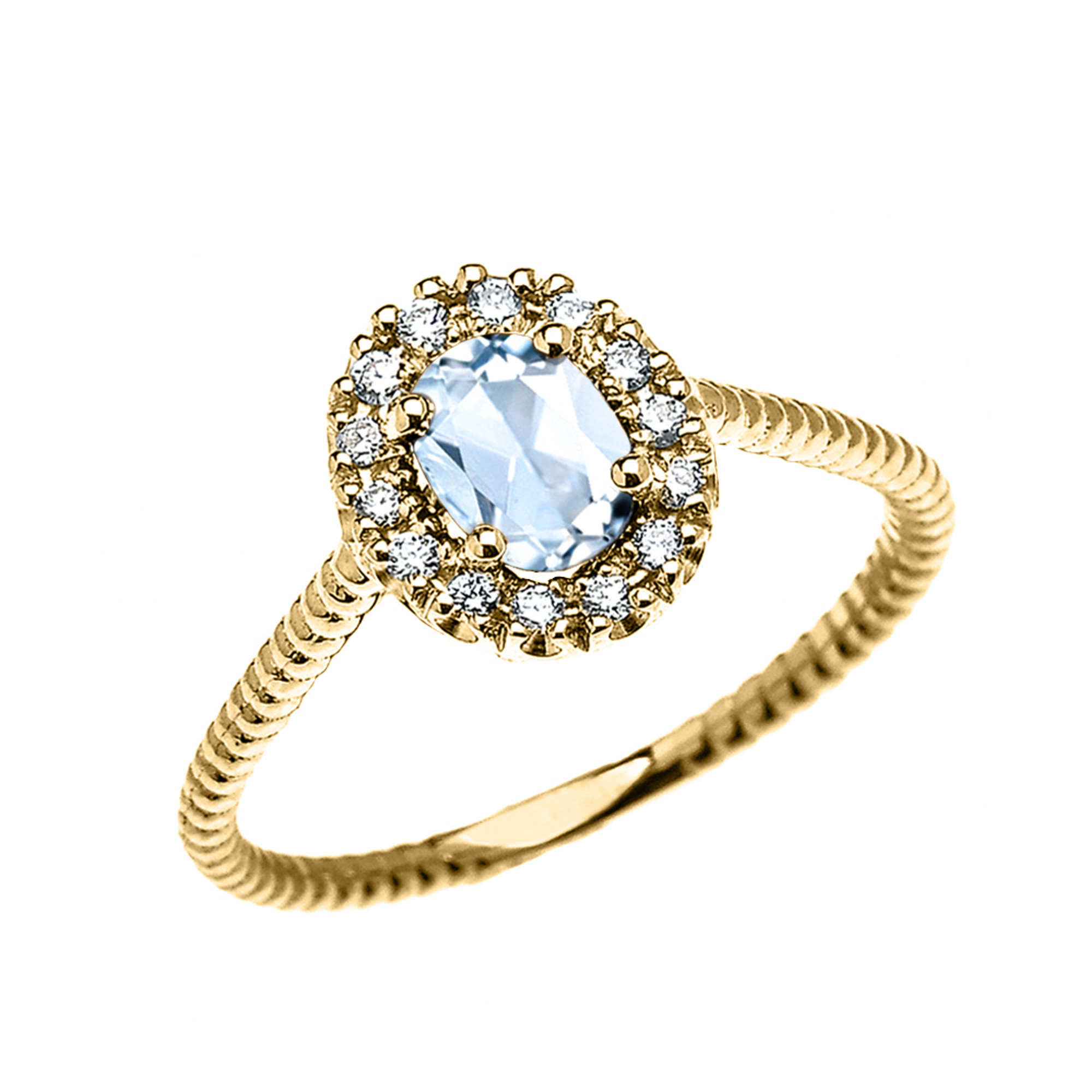 Yellow Gold Dainty Halo Diamond and Oval Aquamarine Solitaire Rope Design Engagement/Promise Ring