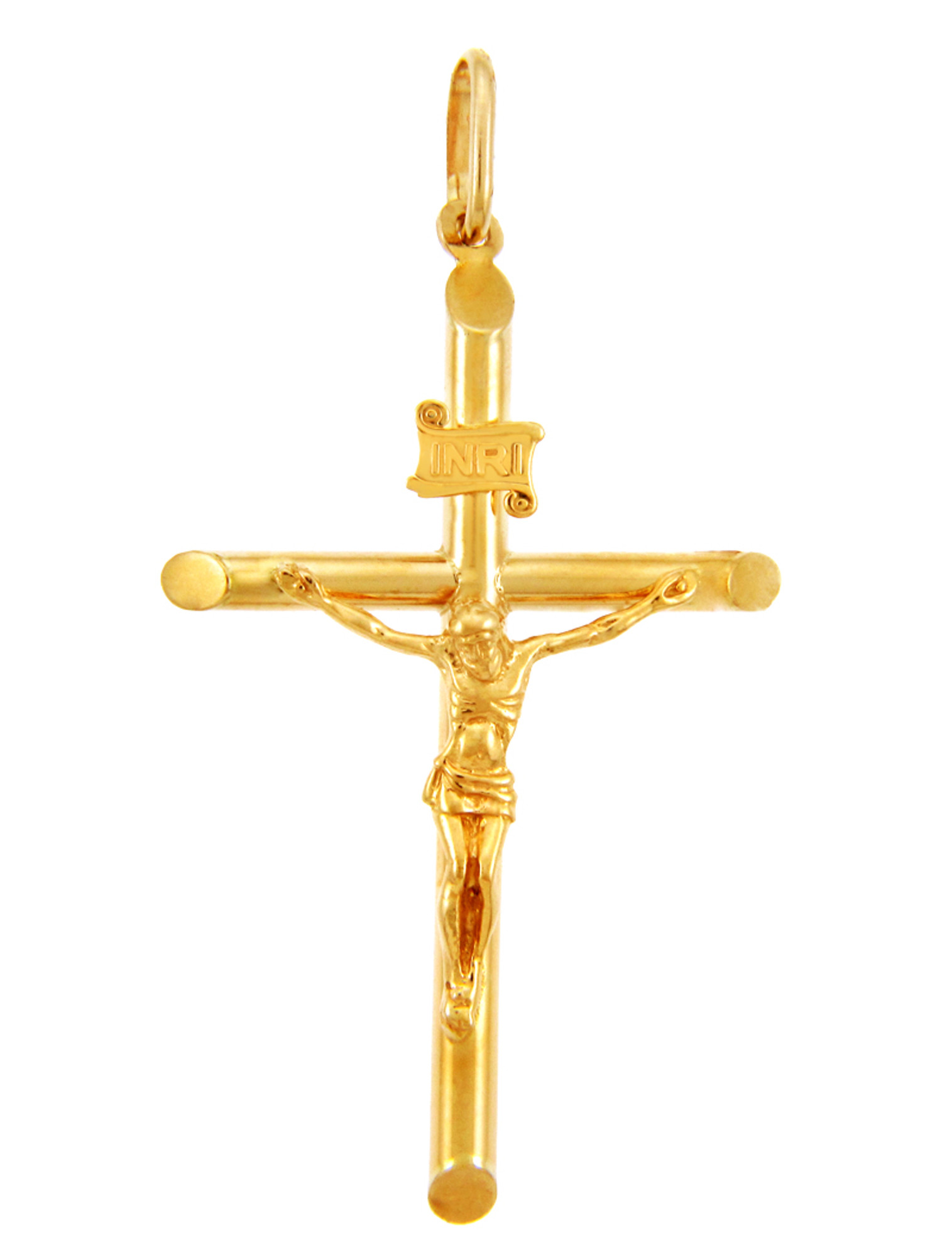 Solid Yellow Gold Tubular Cross Charm Catholic Crucifix Pendant