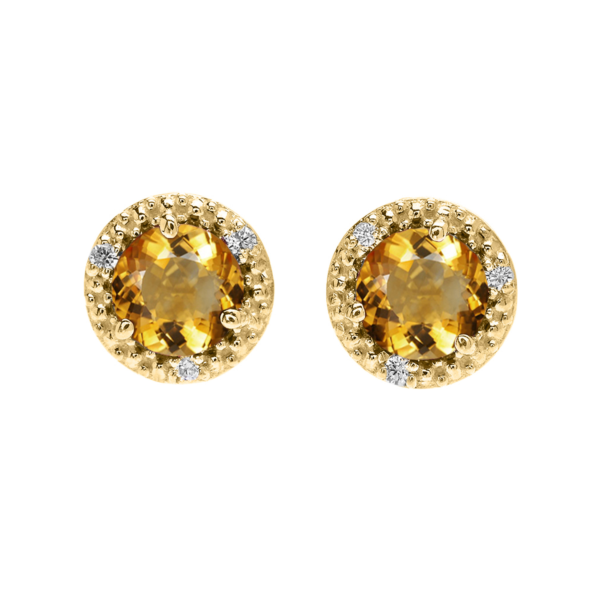 14K Gold Halo Stud Earrings with Solitaire Citrine and Diamonds