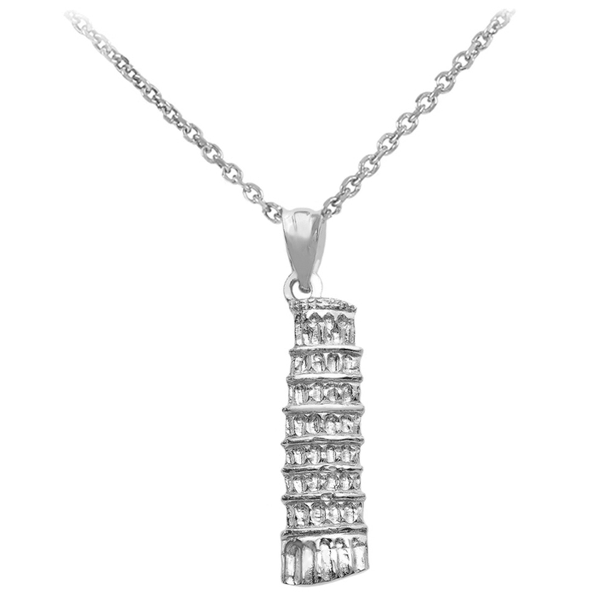 White Gold Detailed Leaning Tower Of Pisa Pendant Necklace