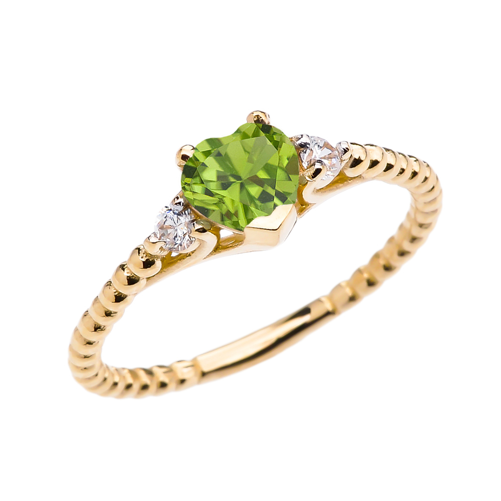 Peridot Solitaire Heart And White Topaz Yellow Gold Beaded Band Promise Ring