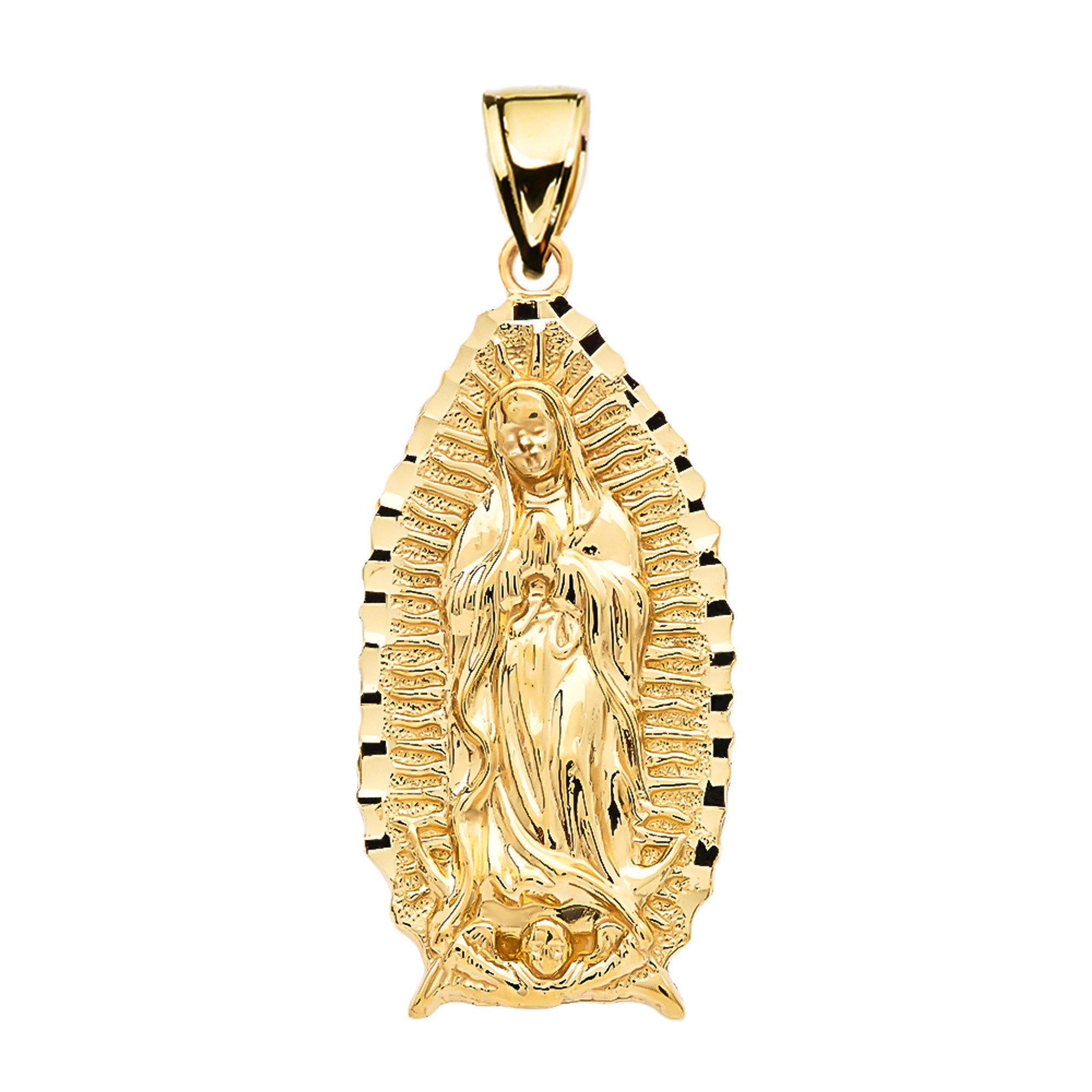 Our Lady Of Guadalupe Yellow Gold Diamond Cut Religious Oval Pendant  Necklace