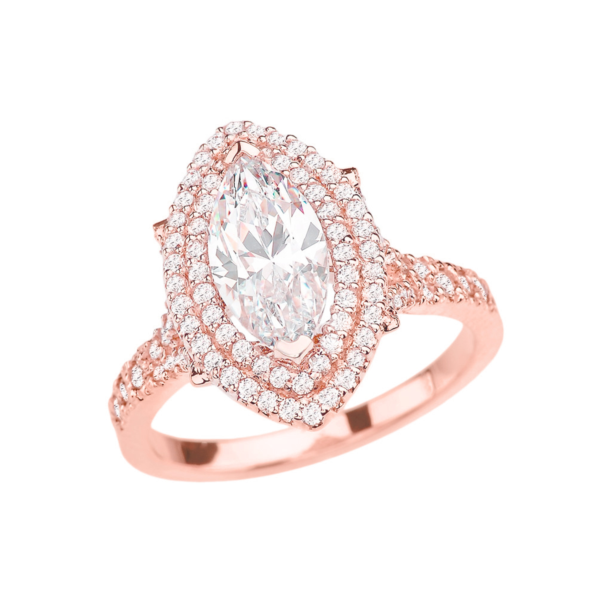 Rose Gold Double Raw Halo Diamond Engagement Ring With 3 Ct Marquise Cubic Zirconia In The Center