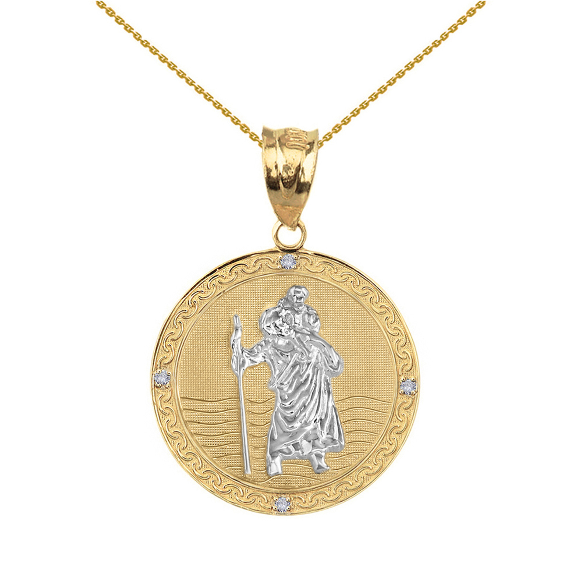 Solid Yellow Two Tone Gold Saint Christopher Medallion Circle Diamond Pendant Necklace ( 1")