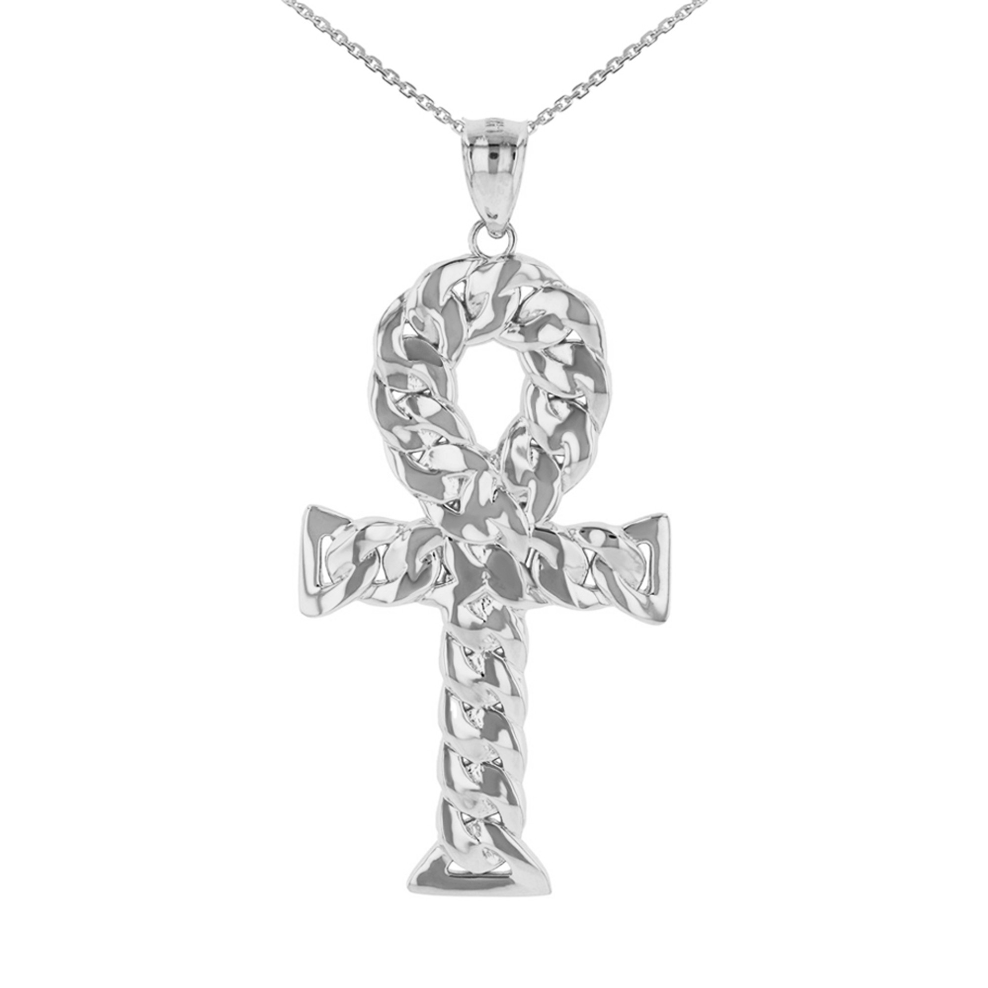 White Gold Textured Ankh Egyptian Cross Pendant Necklace